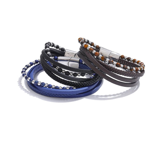 Natural stone fiber leather braided layered bracelet - product image