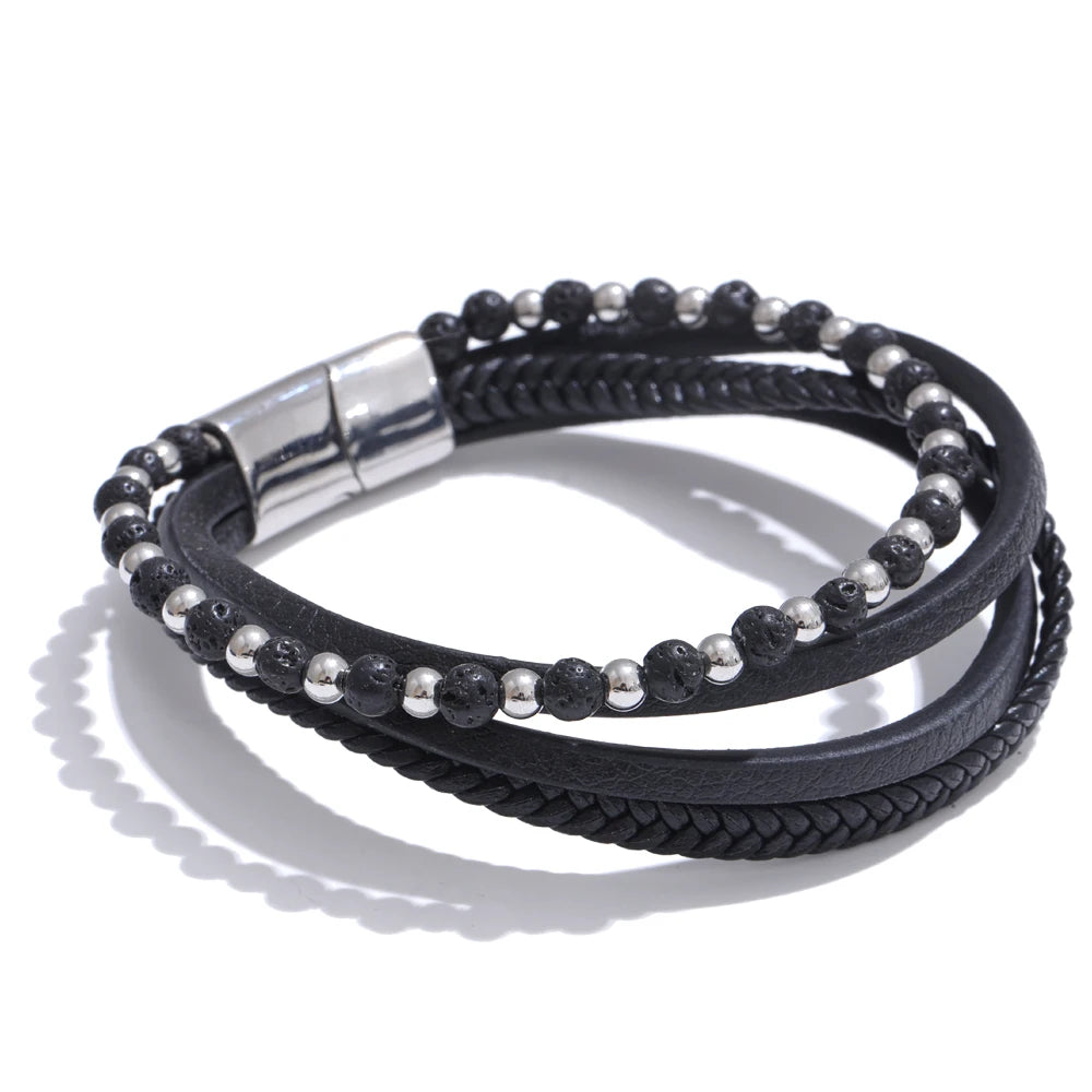 Natural stone fiber leather braided layered bracelet - product image