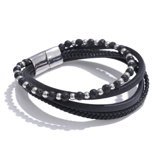 Natural stone fiber leather braided layered bracelet - product image