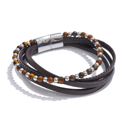 Natural stone fiber leather braided layered bracelet - product image