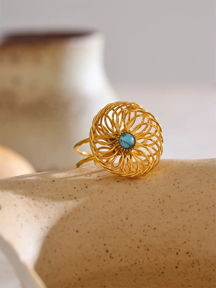 Natural stone flower hollow adjustable ring - product image