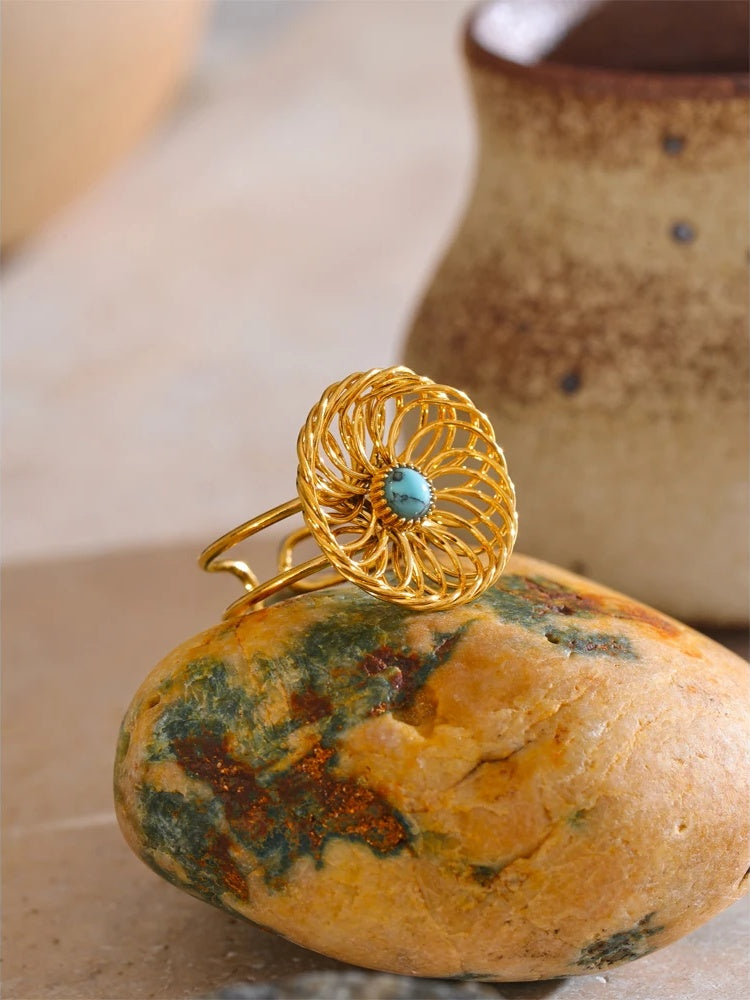 Natural stone flower hollow adjustable ring - product image