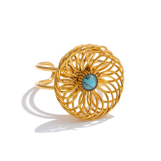 Natural stone flower hollow adjustable ring - product image