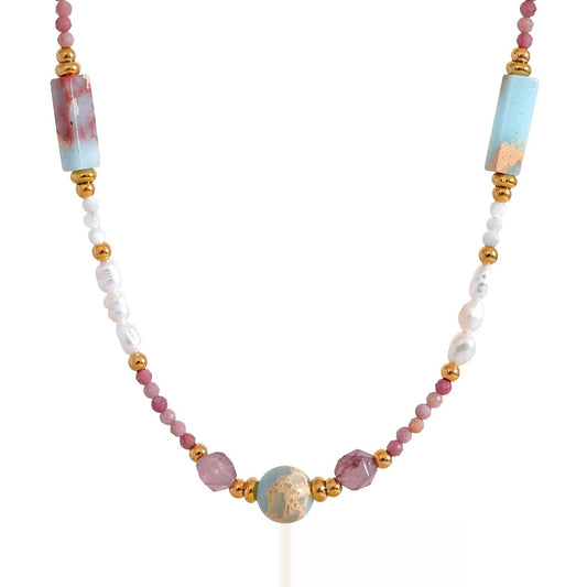 Natural stone freshwater pearls rhodochrosite necklace - product image