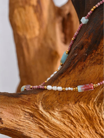 Natural stone freshwater pearls rhodochrosite necklace - product image