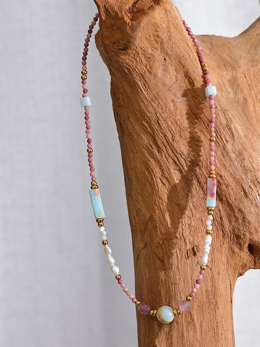 Natural stone freshwater pearls rhodochrosite necklace - product image