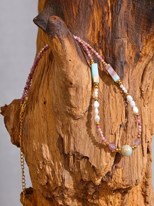 Natural stone freshwater pearls rhodochrosite necklace - product image