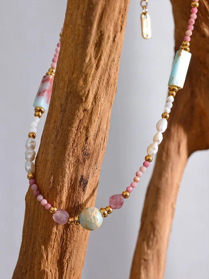 Natural stone freshwater pearls rhodochrosite necklace - product image