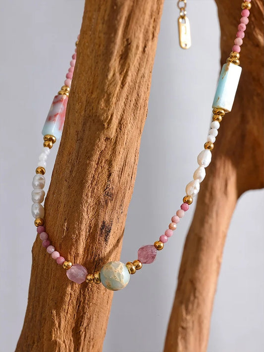Natural stone freshwater pearls rhodochrosite necklace - product image