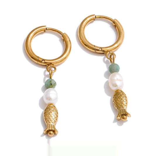 Natural stone pearl fish dangle earrings - product image