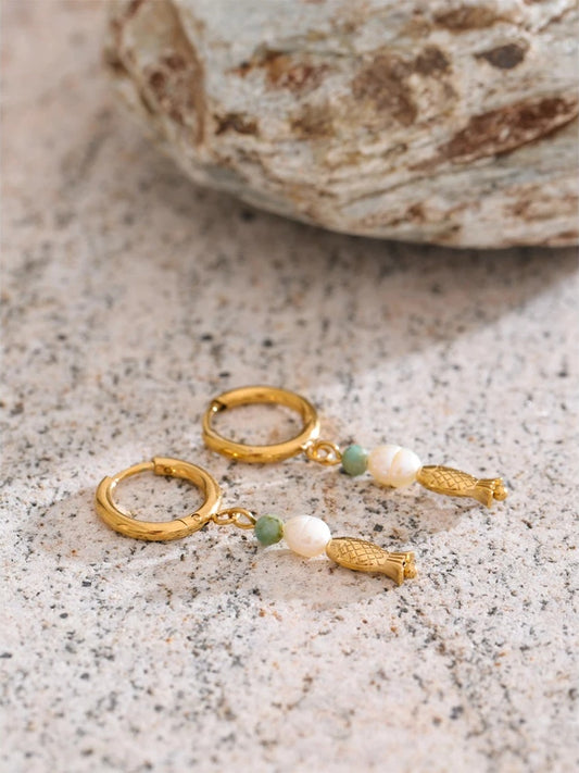 Natural stone pearl fish dangle earrings - product image