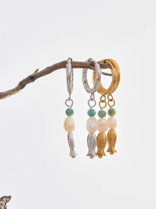 Natural stone pearl fish dangle earrings - product image