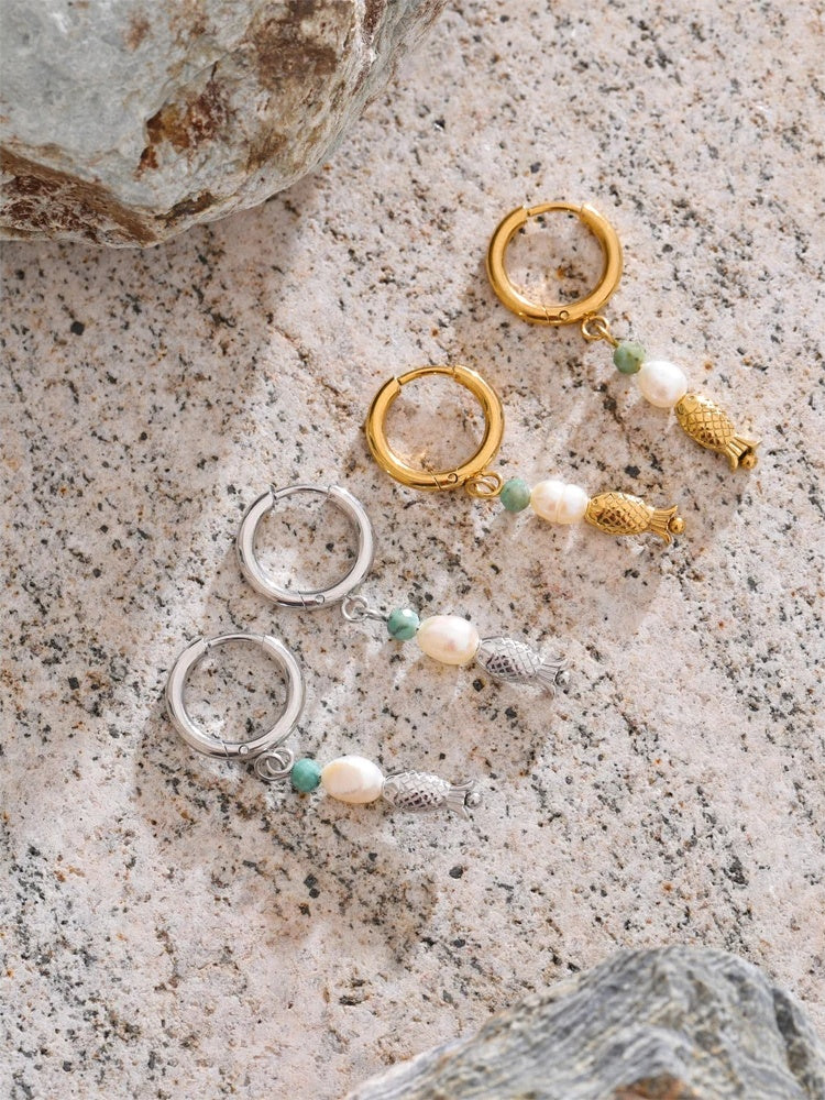Natural stone pearl fish dangle earrings - product image