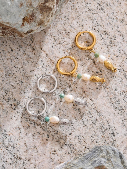 Natural stone pearl fish dangle earrings - product image