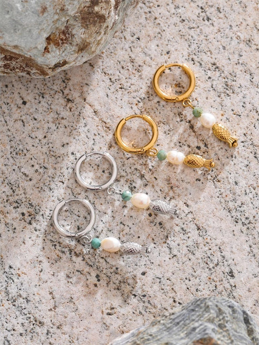 Natural stone pearl fish dangle earrings - product image