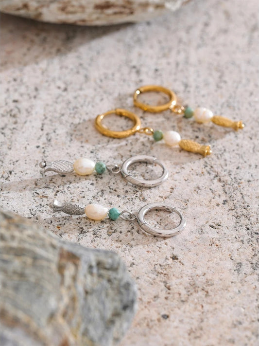 Natural stone pearl fish dangle earrings - product image