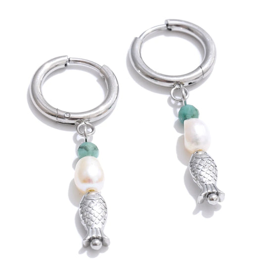 Natural stone pearl fish dangle earrings - product image