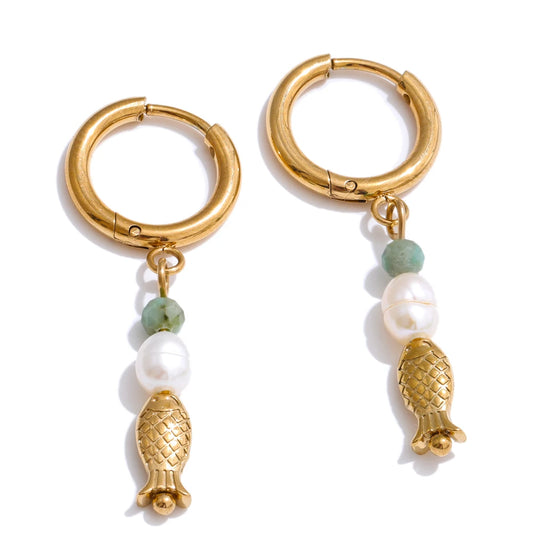 Natural stone pearl fish dangle earrings - product image