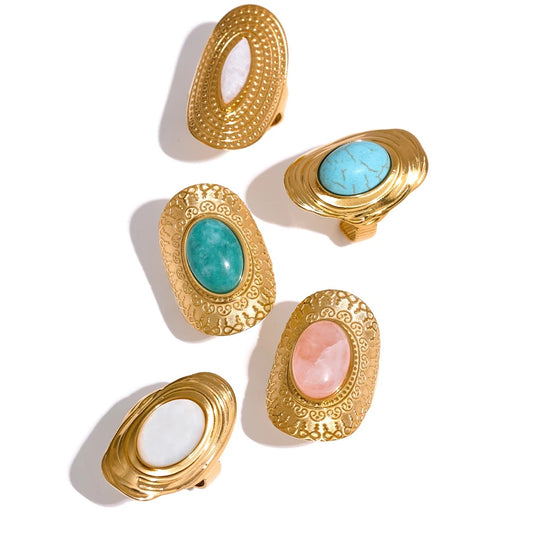 Natural stone pink green turquoise adjustable ring - product image