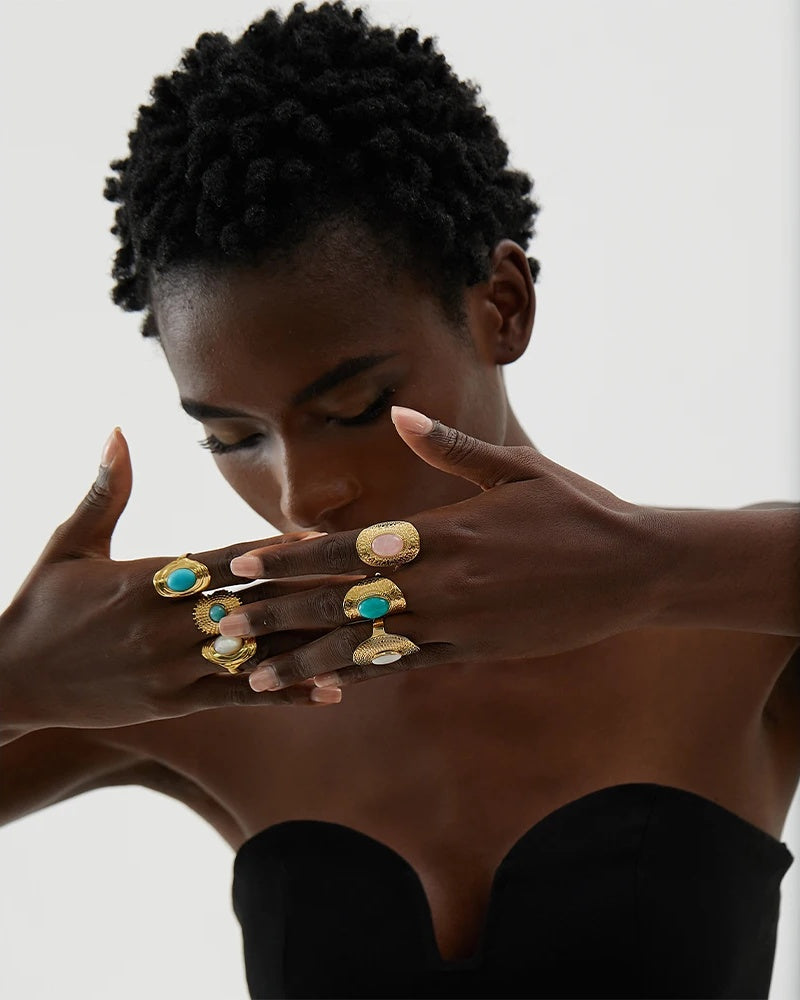 Natural stone pink green turquoise adjustable ring - product image