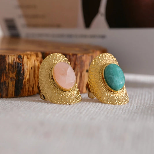Natural stone pink green turquoise adjustable ring - product image