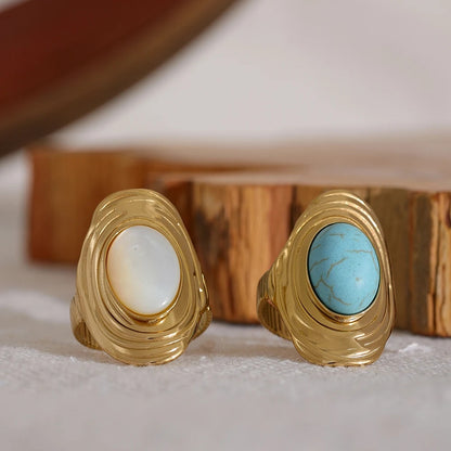Natural stone pink green turquoise adjustable ring - product image