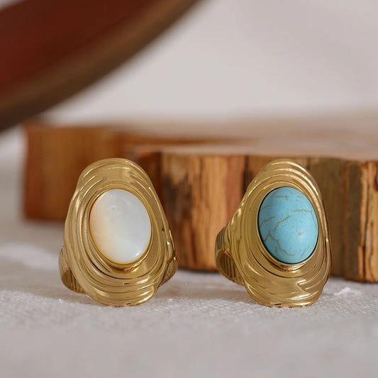 Natural stone pink green turquoise adjustable ring - product image