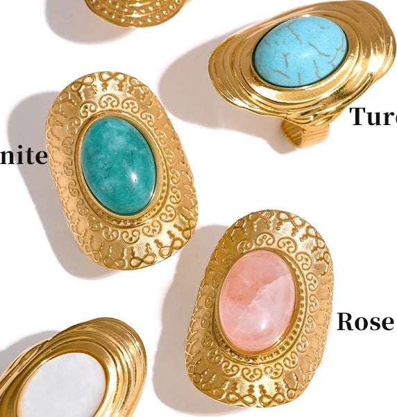 Natural stone pink green turquoise adjustable ring - product image