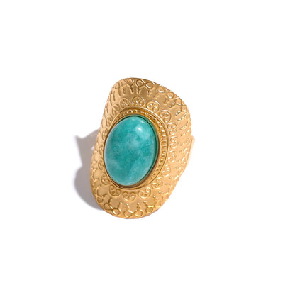 Natural stone pink green turquoise adjustable ring - product image