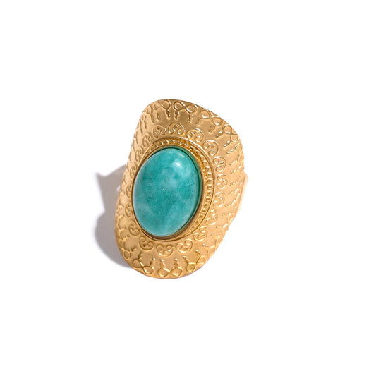 Natural stone pink green turquoise adjustable ring - product image