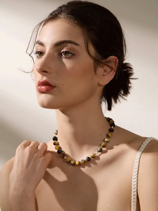 Natural stone tiger round beads pendant necklace - product image