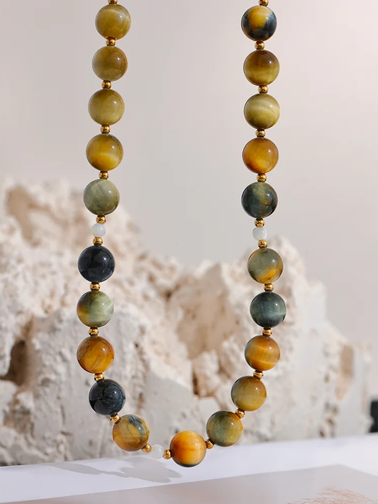 Natural stone tiger round beads pendant necklace - product image