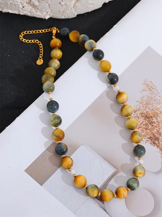Natural stone tiger round beads pendant necklace - product image