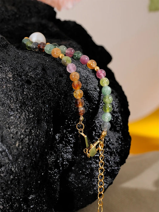 Natural tourmaline stone pearl colorful bead bracelet - product image
