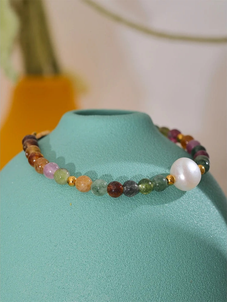 Natural tourmaline stone pearl colorful bead bracelet - product image