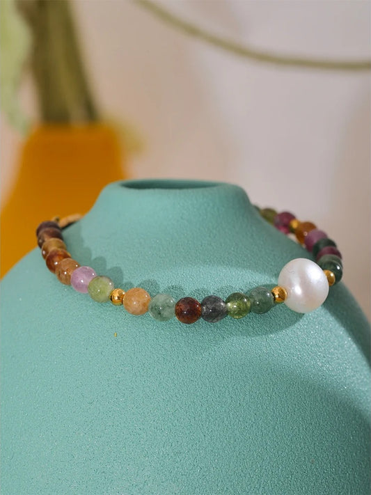 Natural tourmaline stone pearl colorful bead bracelet - product image