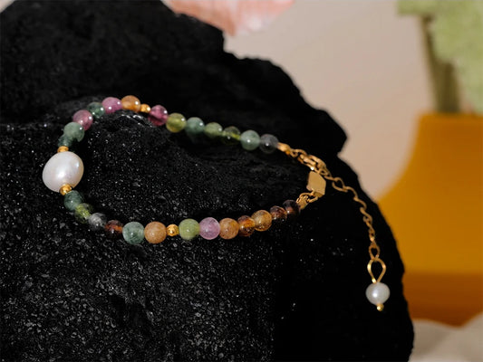 Natural tourmaline stone pearl colorful bead bracelet - product image