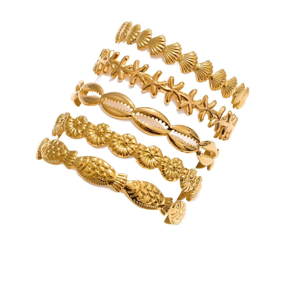 Ocean fish shell starfish cuff open bangle bracelet - product image