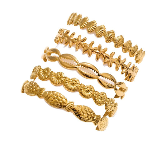 Ocean fish shell starfish cuff open bangle bracelet - product image