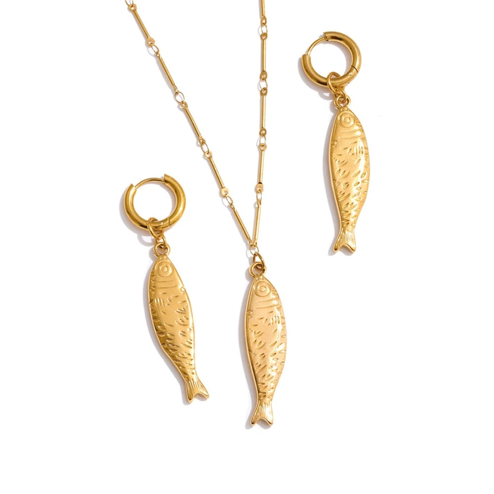 Ocean metal fish pendant necklace earrings set - product image