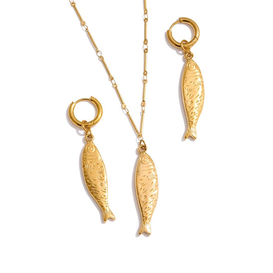 Ocean metal fish pendant necklace earrings set - product image