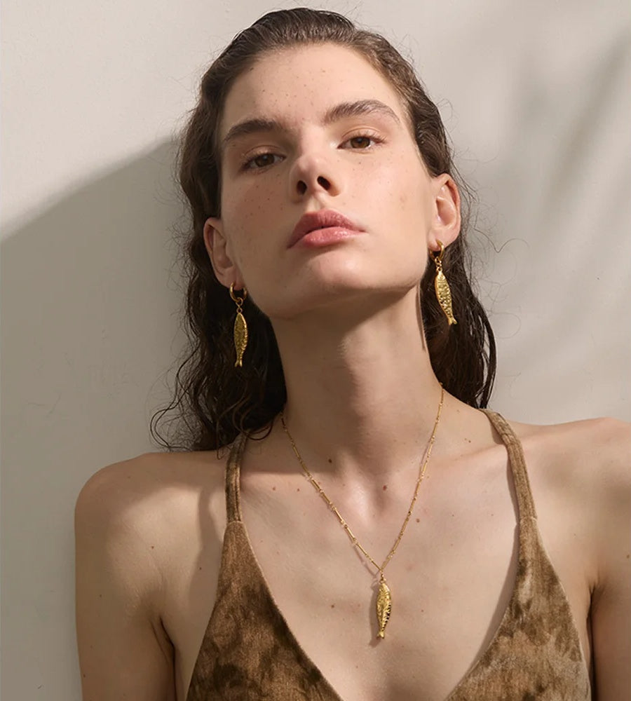 Ocean metal fish pendant necklace earrings set - product image