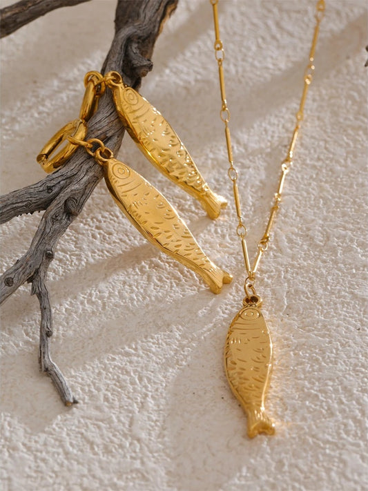 Ocean metal fish pendant necklace earrings set - product image