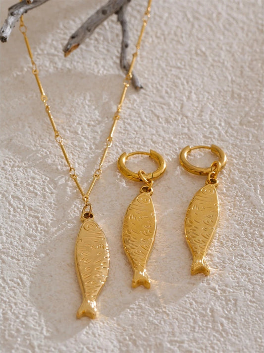 Ocean metal fish pendant necklace earrings set - product image