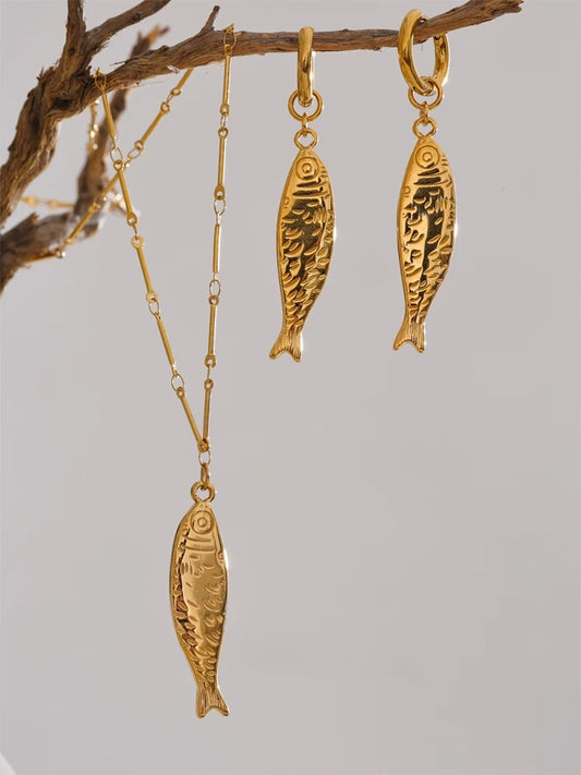 Ocean metal fish pendant necklace earrings set - product image