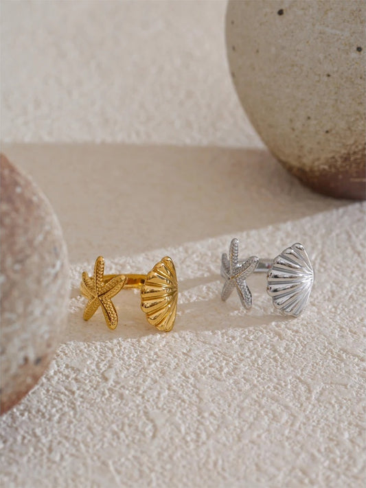 Ocean metal shell starfish adjustable party ring - product image