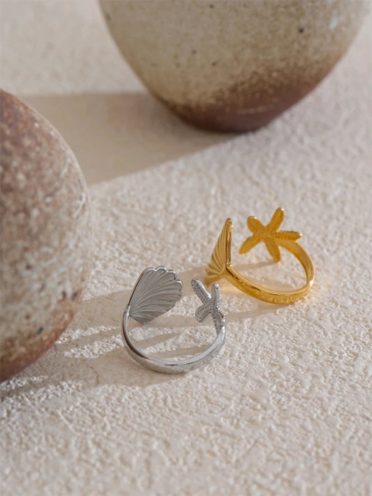 Ocean metal shell starfish adjustable party ring - product image