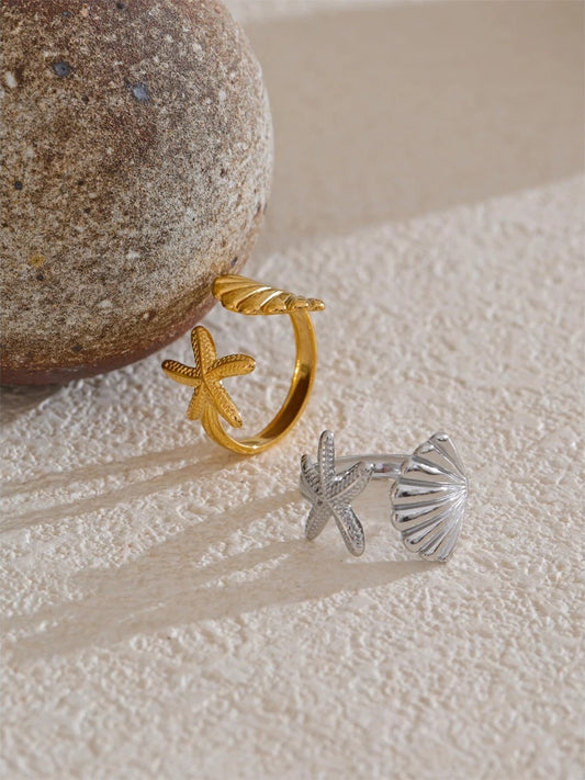 Ocean metal shell starfish adjustable party ring - product image