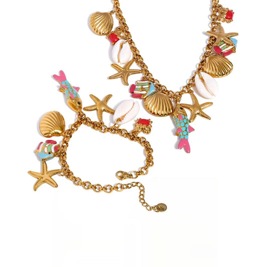 Ocean series enamel fish shell starfish necklace bracelet set - product image