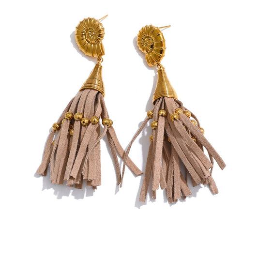 Ocean shell leather tassel drop earrings - product image